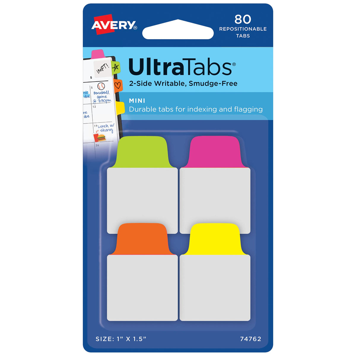 Avery Mini Ultra Tabs, 1" x 1.5", 2-Side Writable, Assorted Neon Colors, 80 Repositionable Tabs (74762)