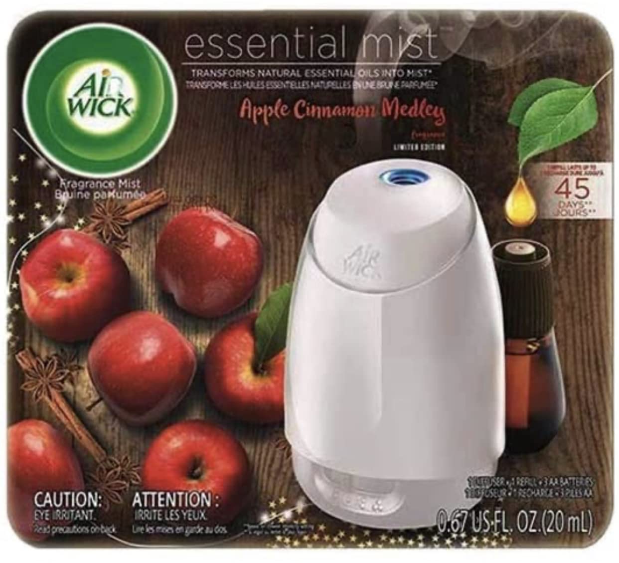 Air Wick Essential Mist, Essential Oils Diffuser, (Diffuser + 1 Refill), Apple Cinnamon Medley, Fall Scent, Fall Spray, Air Freshener, Packaging May Vary