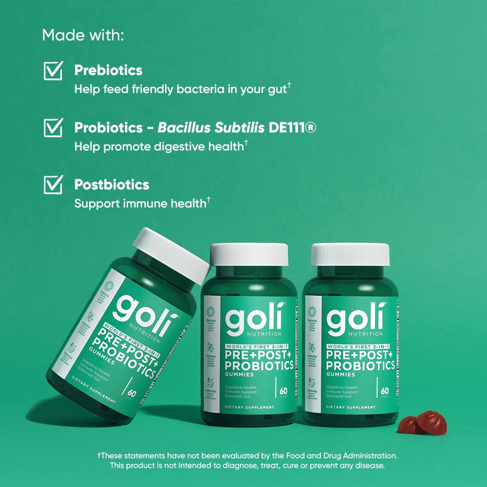 Goli Nutritional Supplement, Pre+Post+Probiotics Gummy - 60 Count - World's First 3-in-1 Gluten-Free, Vegan, Non-GMO, and Gelatin-Free.