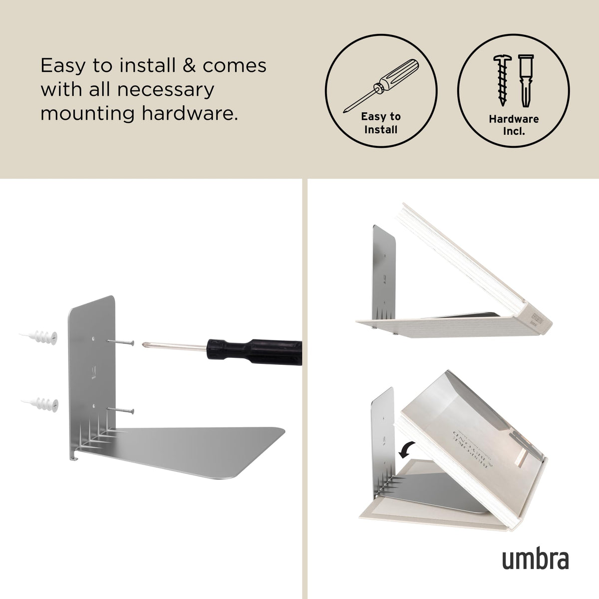 Umbra Conceal Floating Bookshelf, Large, Silver, Set of 3