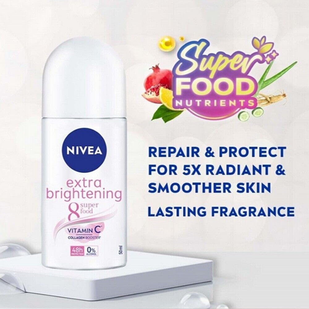 Nivea Extra Brightening 8 Super Food, Vitamin C Collagen Booster Underarm Roll on Deodorant, Size 50 ml, 1.69 Oz (Pack Of 2)