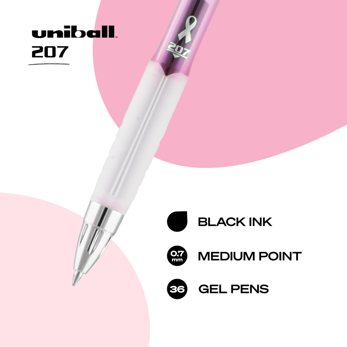 uniball 207 Office Pack Gel Pen, Retractable, Medium 0.7 Mm, Black Ink, Pink Barrel, 36/pack
