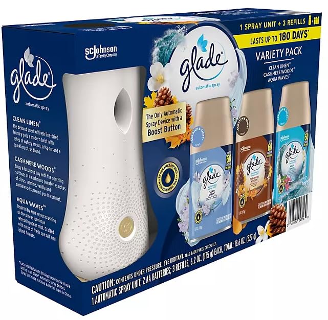 Glade Automatic Spray Variety Pack, 6.2 oz, Aqua Waves, Cashmere Woods & Clean Linen, 8 Ounce (Pack of 1)
