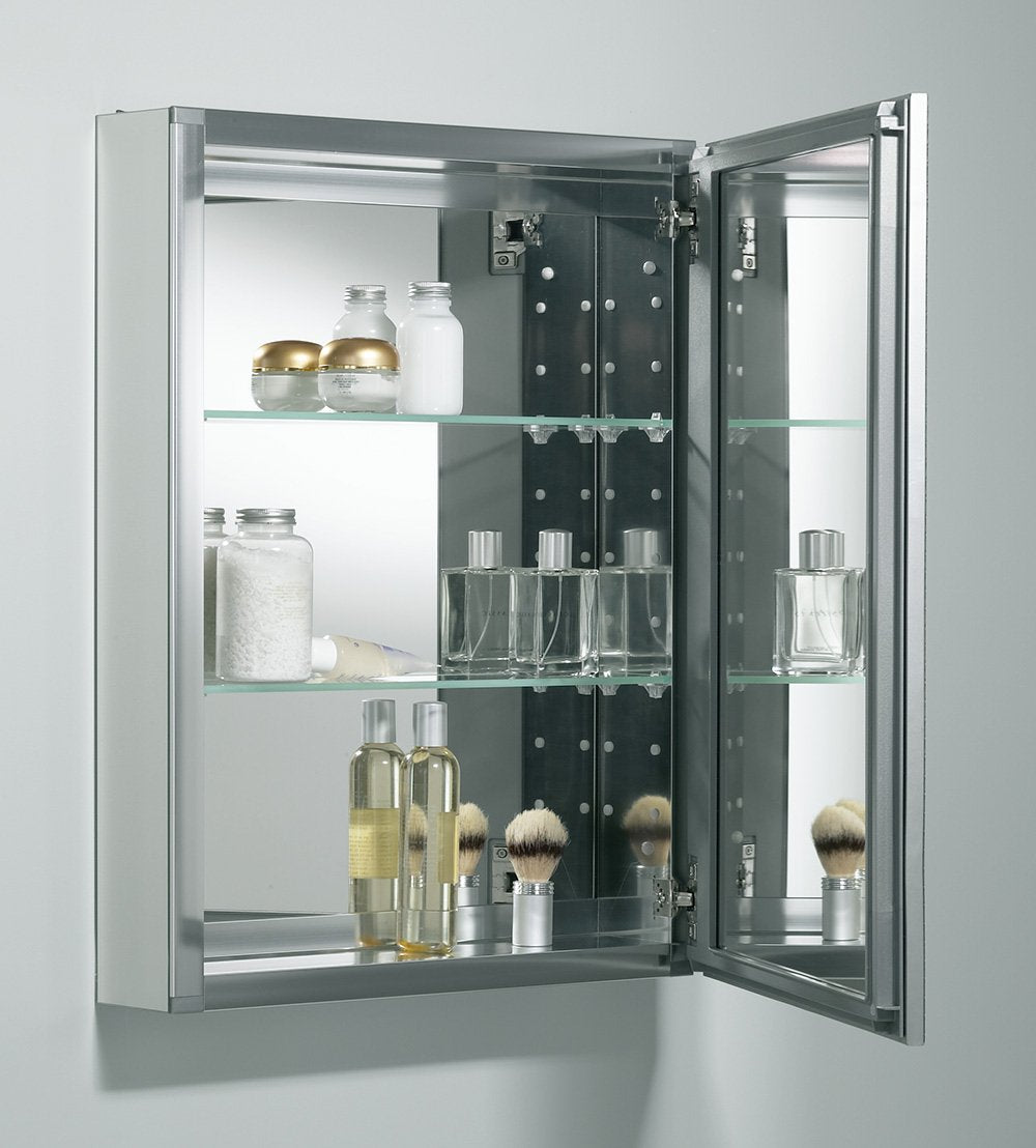 KOHLER CB-CLW2026SS Aluminum Medicine Cabinet with Decorative Silver Framed Mirror Door, Adjustable Shelves Rectangular Frame, 20" x 26"