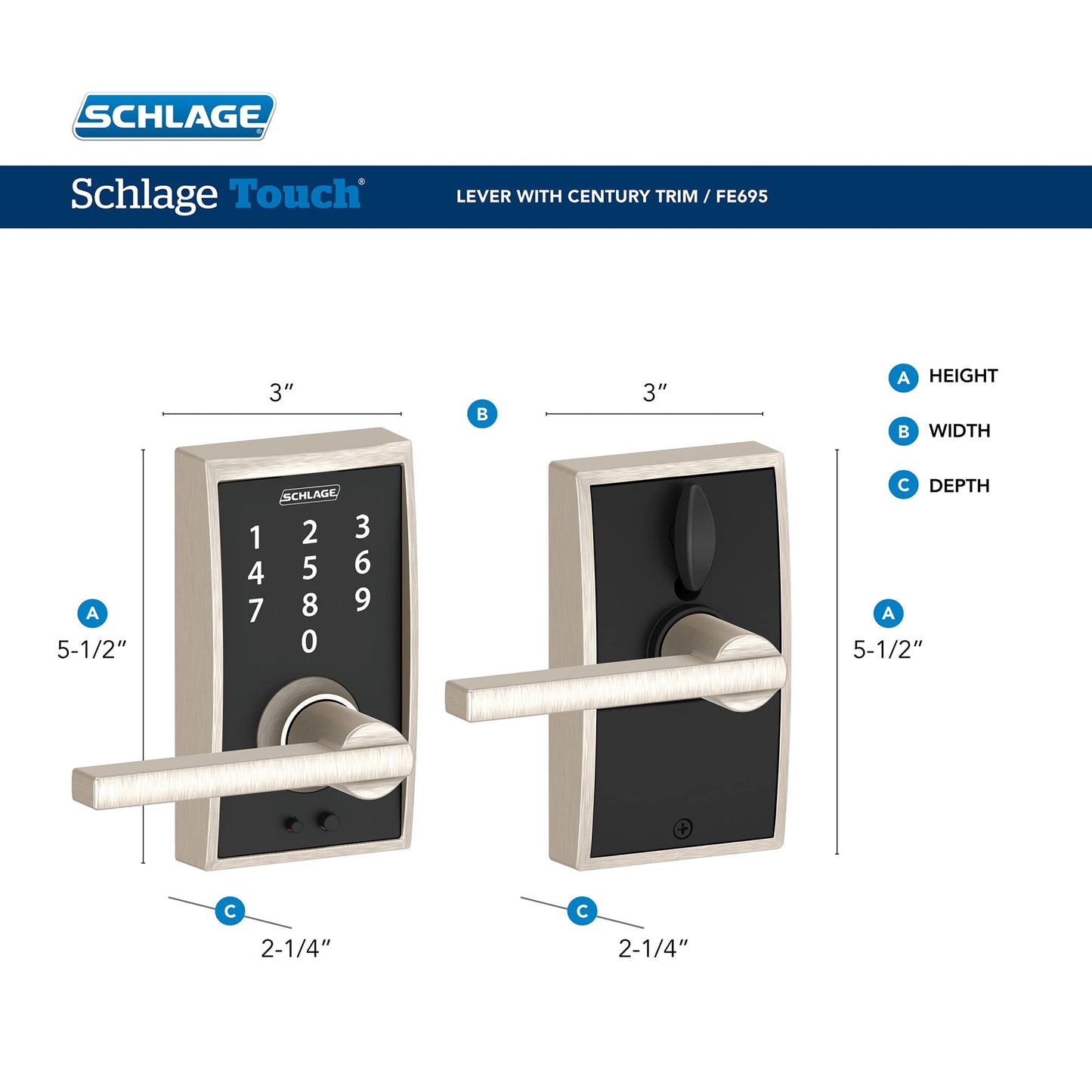 Schlage FE695 CEN 619 LAT Touch Century Lock with Latitude Lever, Electronic Keyless Entry Lock, Satin Nickel