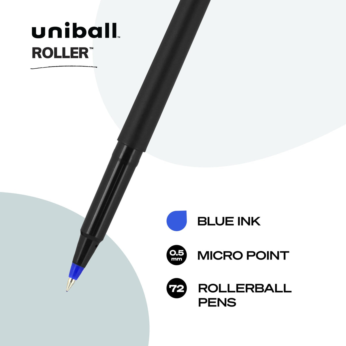 uni-ball Stick Roller Ball Pen, Micro 0.5mm, Blue Ink, Black Barrel, 72/Pack (2013566)