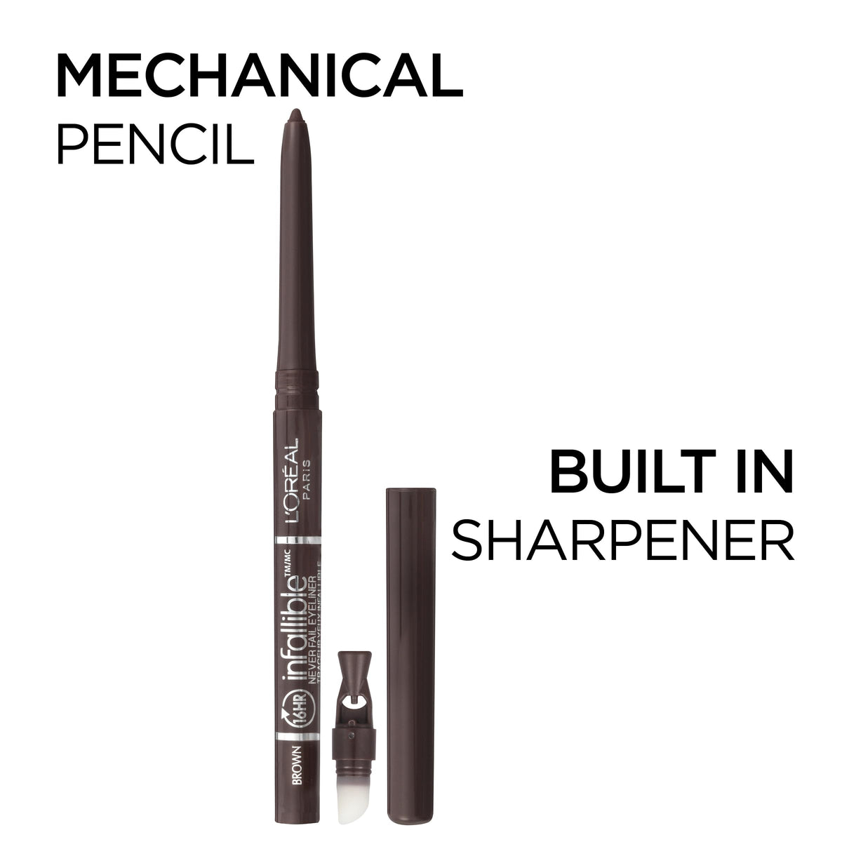 L'Oreal Paris Makeup Infallible Never Fail Original Mechanical Pencil Eyeliner with Built in Sharpener, Black Brown, 0.008 oz., 1 Count