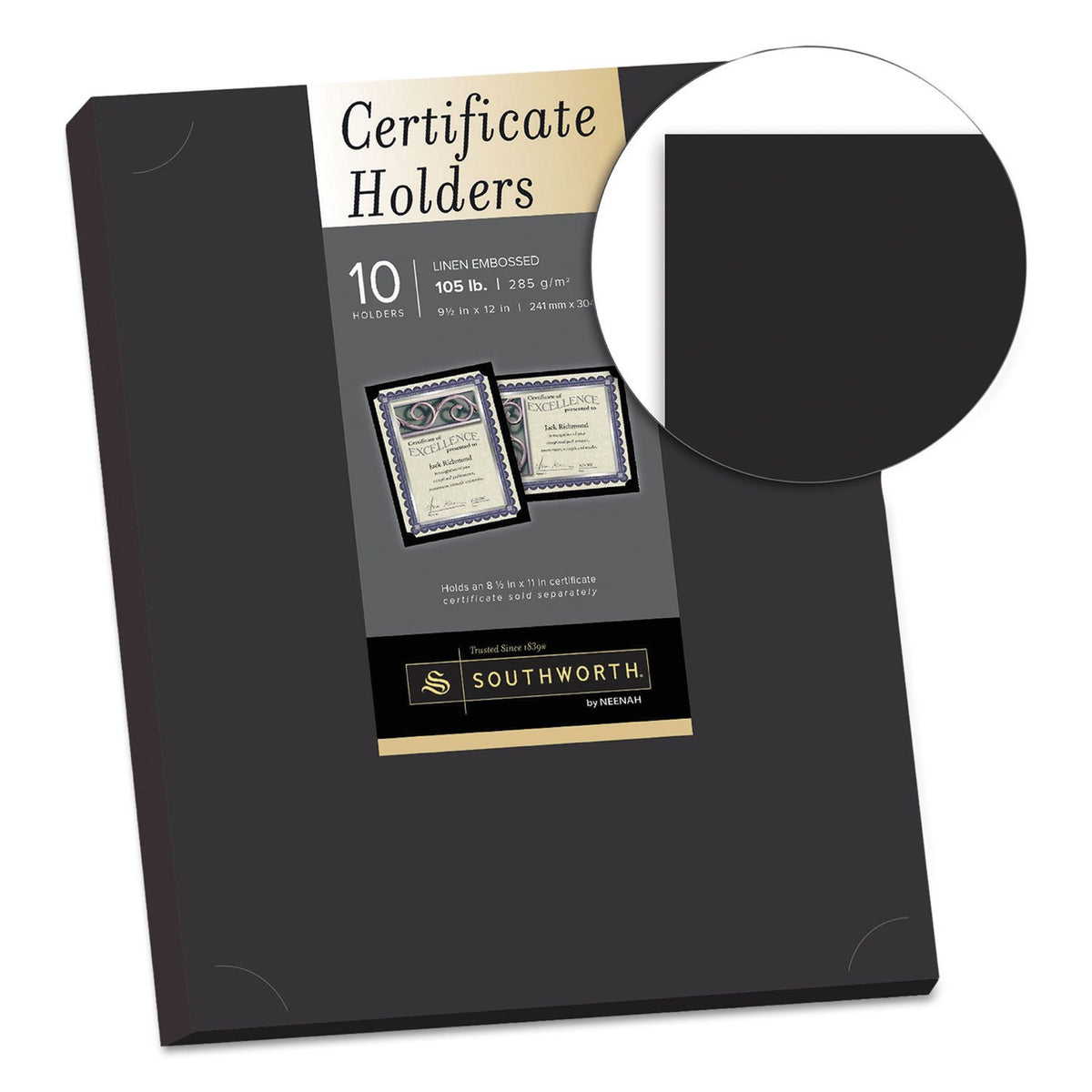 Southworth PF18 Certificate Holder, Black, 105lb Linen Stock, 12 x 9 1/2, 10/Pack