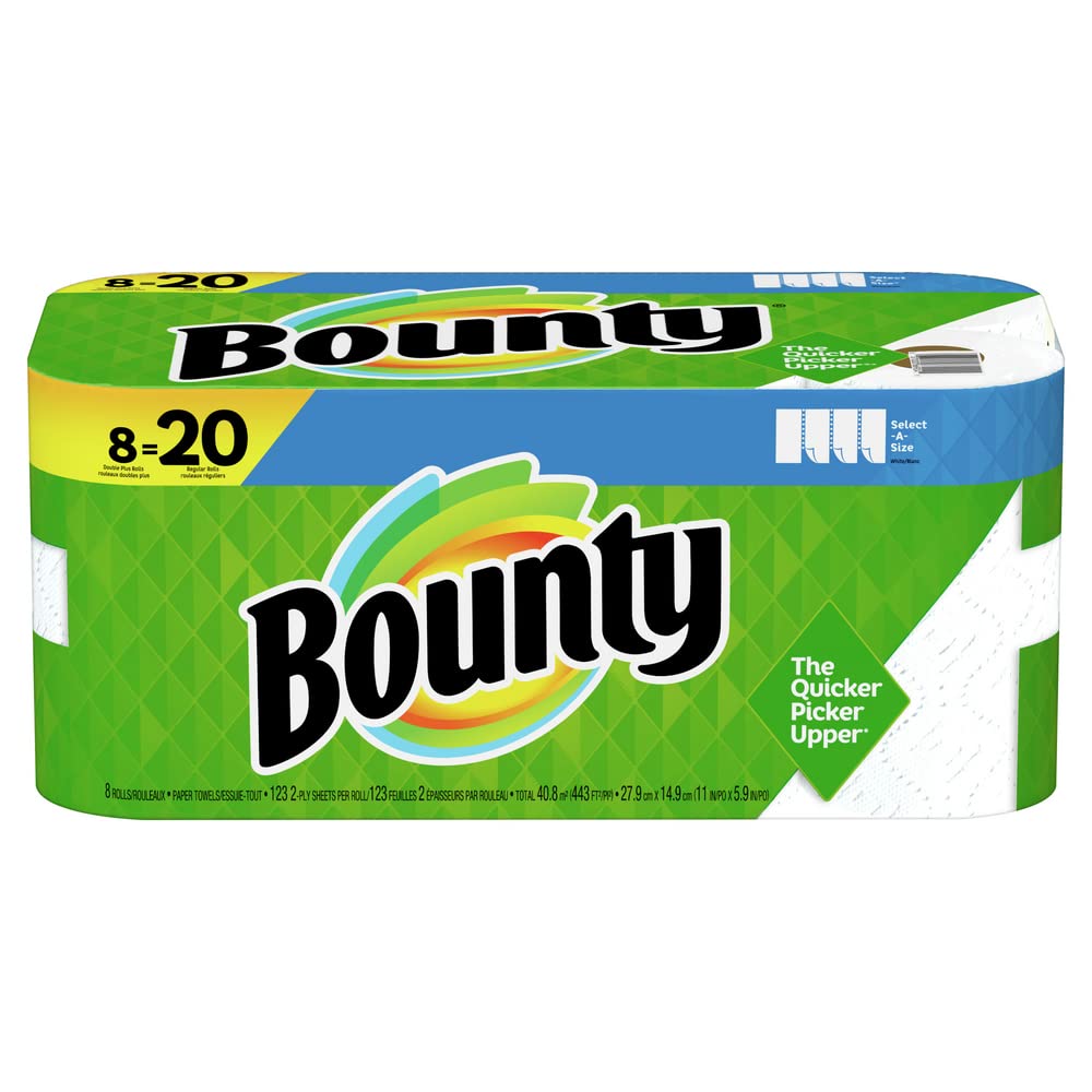 Bounty Select-A-Size Paper Towels, White, 8 Double Plus Rolls = 20 Regular Rolls