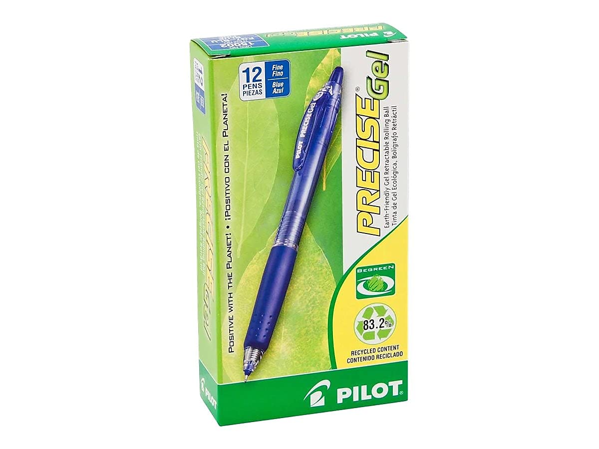 Pilot, Precise BeGreen, Refillable & Retractable Gel Roller Pens, Fine Point 0.7 mm, Blue, Pack of 12