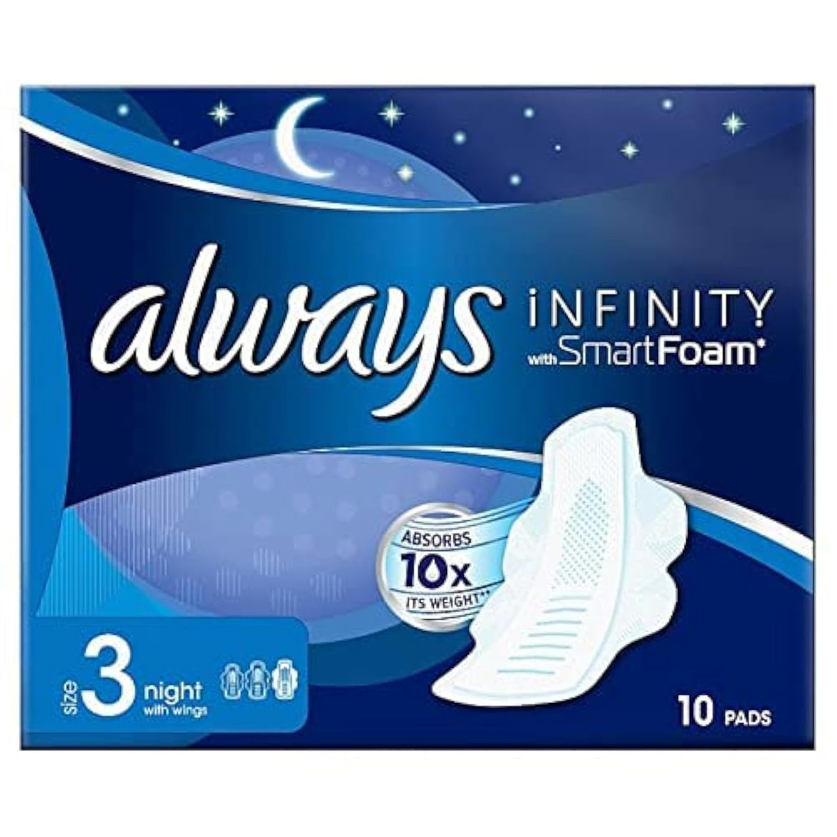 Always Infinity Night (Size 3) Sanitary Pads with Wings, 10 per Pack (Pack of 4)