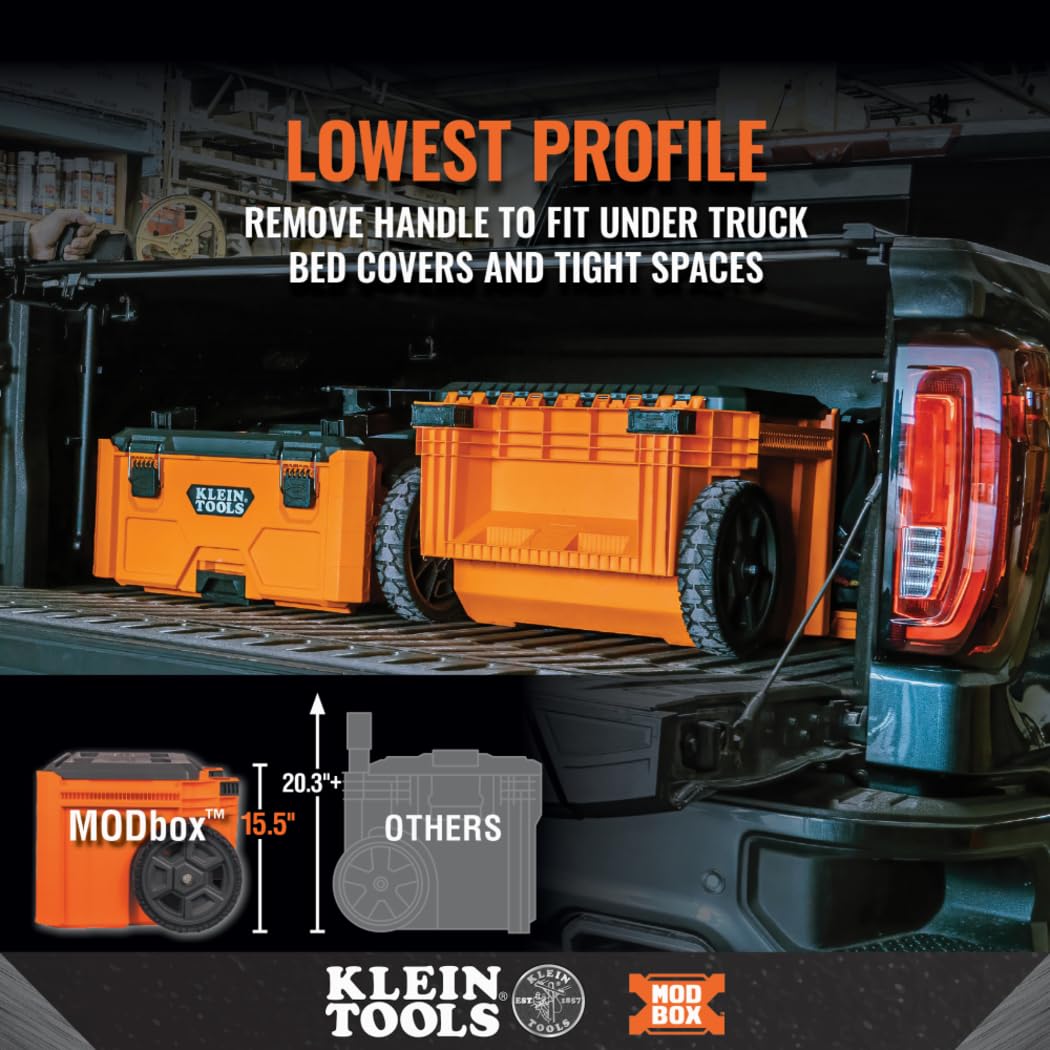 Klein Tools 54802MB MODbox Rolling Tool Box, Heavy Duty Portable Tool Organizer with Side Mounting, 10-Inch Rubber Wheels, Removable Handle, Deep Stackable Set