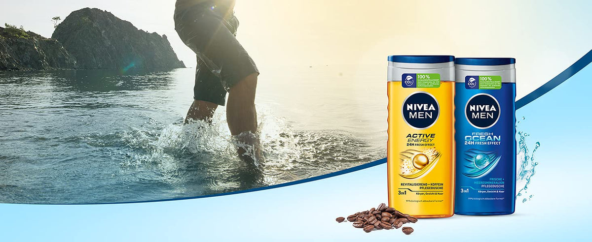 NIVEA MEN Active Energy Shower Gel (250ml), Refreshing Shower Gel with Natural Caffeine, Revitalising Shower for Body, Face and Hair