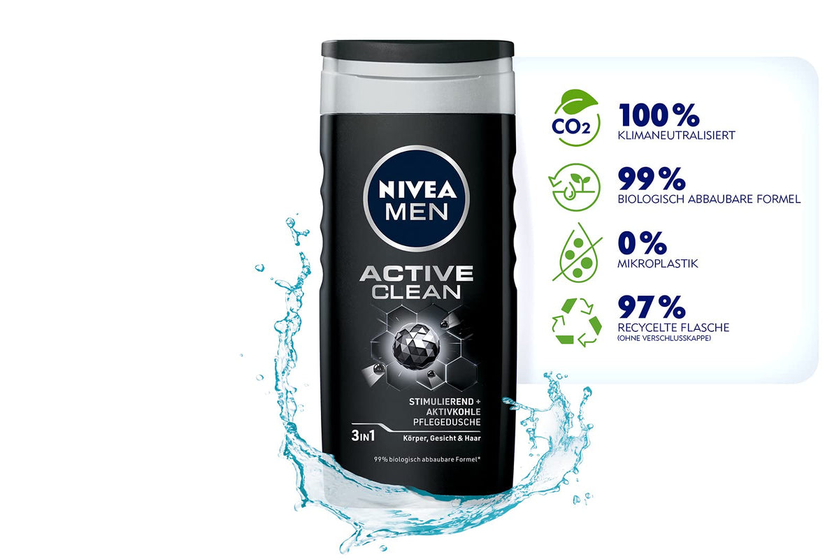 Nivea Men Active Clean Shower Gel (250 ml), Effective Shower Gel with Natural Activated Charcoal, Refreshing Shower for the Body, Face and Hair