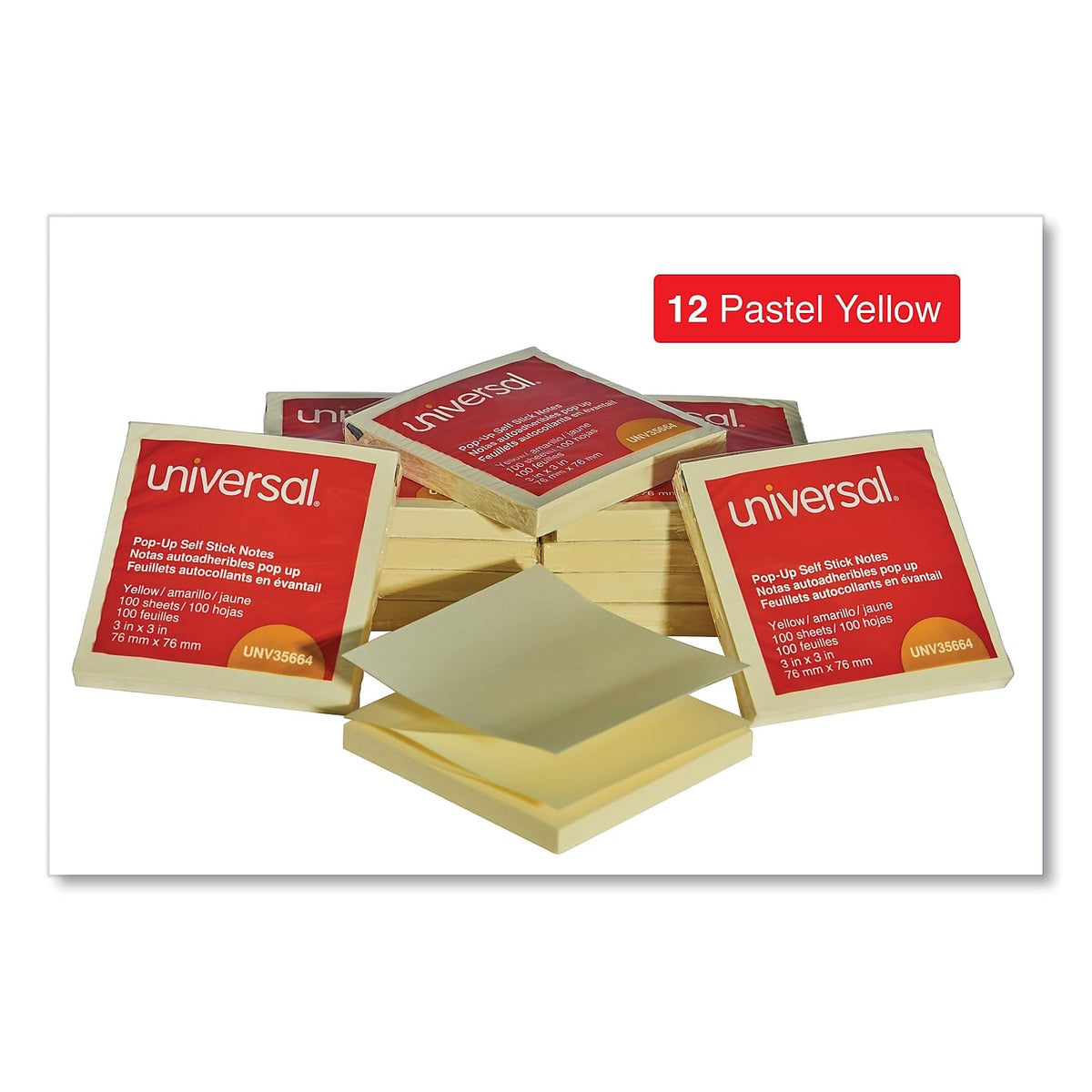 Universal 35664 Fan-Folded Pop-Up Notes, 3 x 3, Yellow, 100-Sheet/Pad, 12/Pack