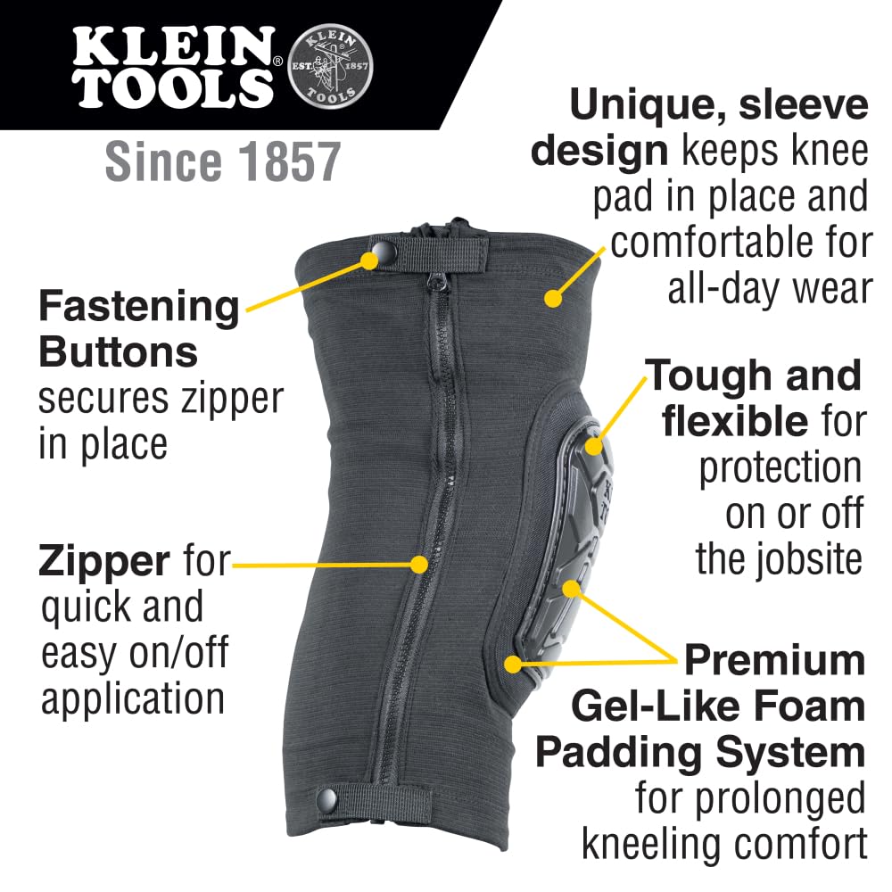 Klein Tools 60850 Tough-Flex Knee Sleeves for Work, Construction, Low-Profile Sleeve with Zipper, Gel-Like Foam, Black, XL/XXL