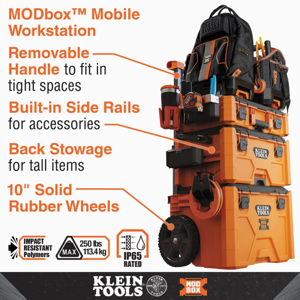 Klein Tools 54802MB MODbox Rolling Tool Box, Heavy Duty Portable Tool Organizer with Side Mounting, 10-Inch Rubber Wheels, Removable Handle, Deep Stackable Set