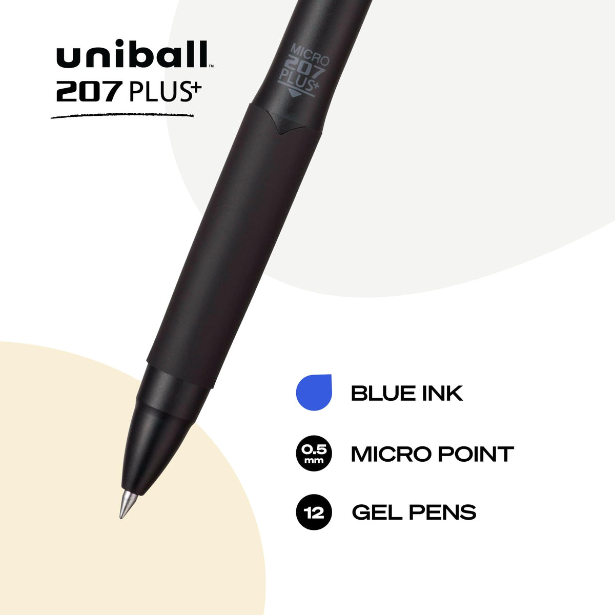 Uniball 207 Plus+ Retractable Gel Pens, Micro Point (0.5mm), Blue, 12 Pack