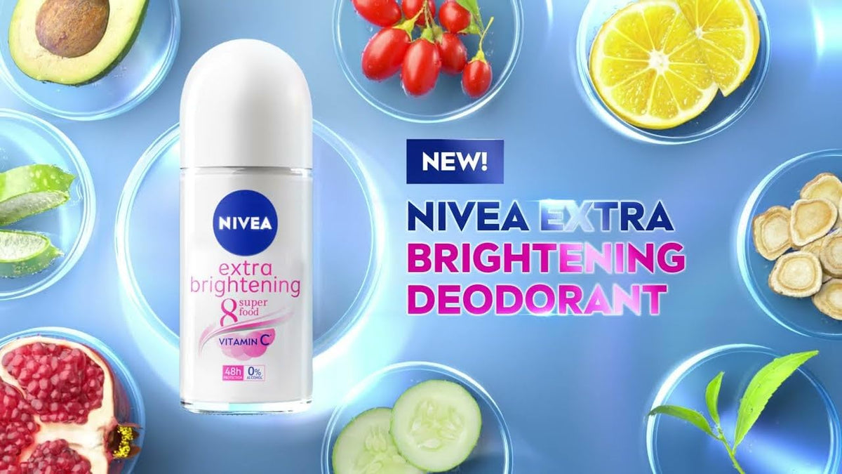 Nivea Extra Brightening 8 Super Food, Vitamin C Collagen Booster Underarm Roll on Deodorant, Size 50 ml, 1.69 Oz (Pack Of 2)