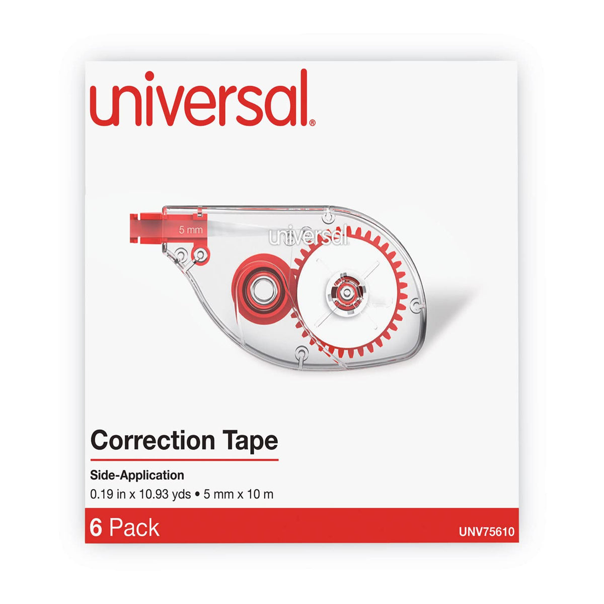 Universal 75610 Side-Application Correction Tape, Clear Red Applicator, 0.2-inch x 393-inch, 6/Pack