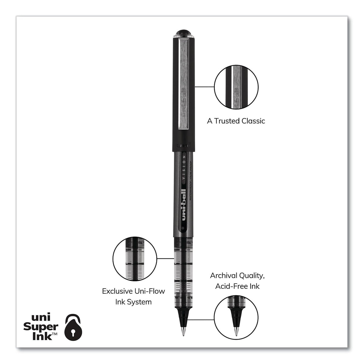 uniball Vision Rollerball Pens Broad Point, 1.0mm, Blue, 12 Pack