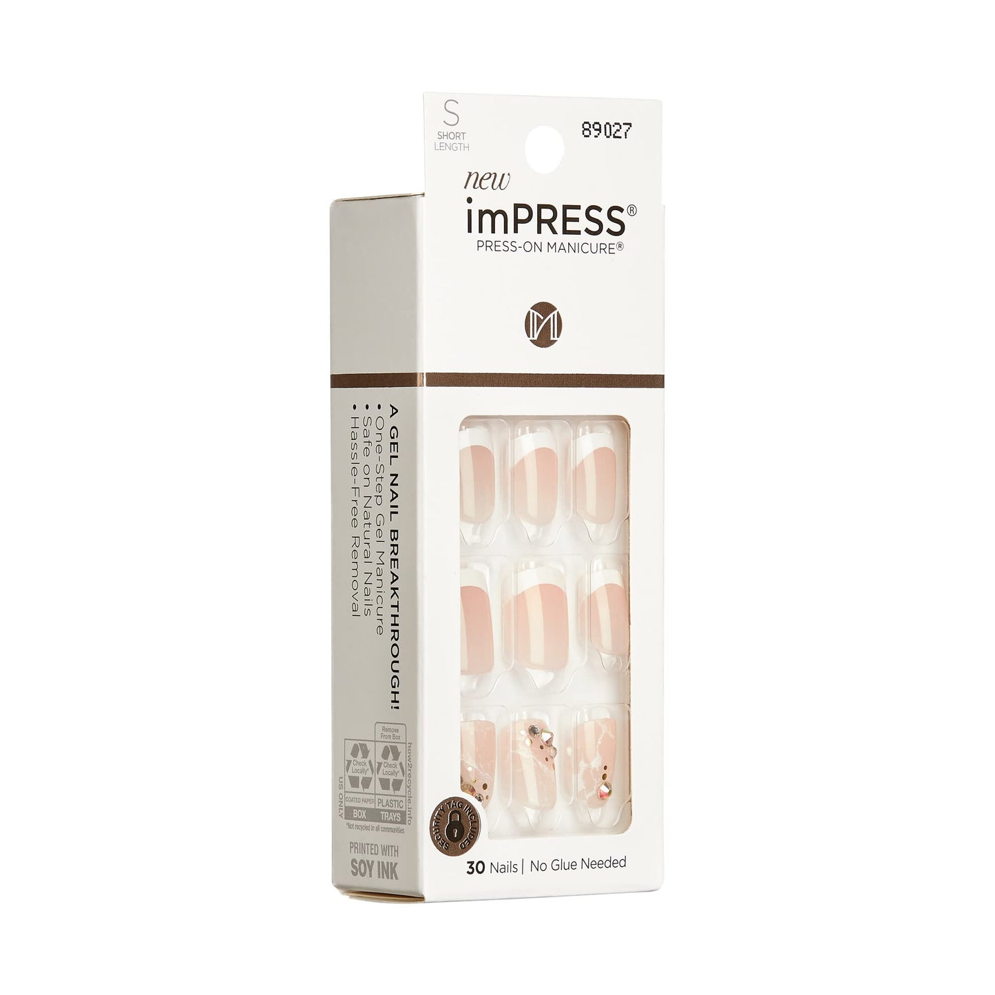 KISS imPRESS No Glue Mani Press On Nails, Design, 'My Worth', White, Short Size, Squoval Shape, Includes 30 Nails, Prep Pad, Instructions Sheet, 1 Manicure Stick, 1 Mini File
