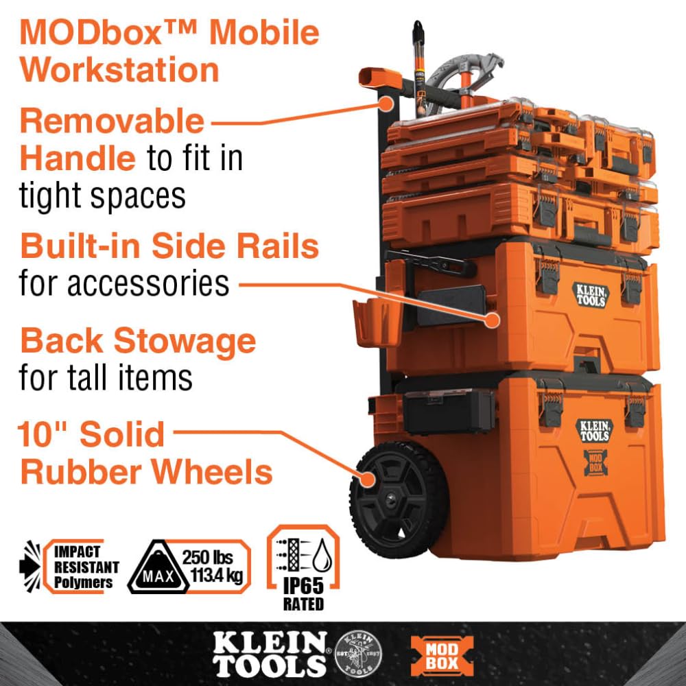 Klein Tools 54808MB MODbox Tall Compartment Box, Half-Width Tool Organizer, Small Parts Tool Box with 10 Compartments, 4 Removable Bins, Stackable Module