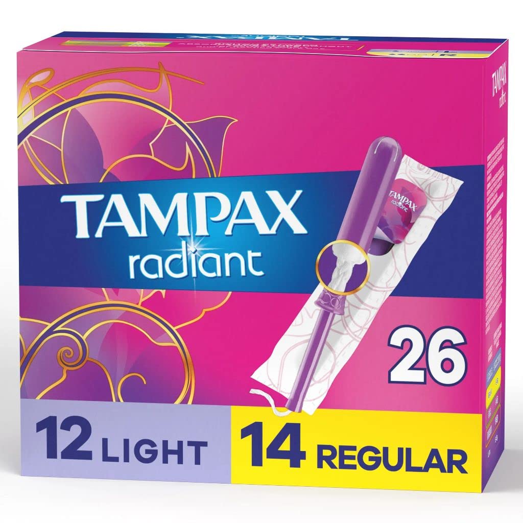Tampax Radiant Tampons Duo Pack, Light/Regular Absorbency, Unscented, 26 Count (Pack of 4)