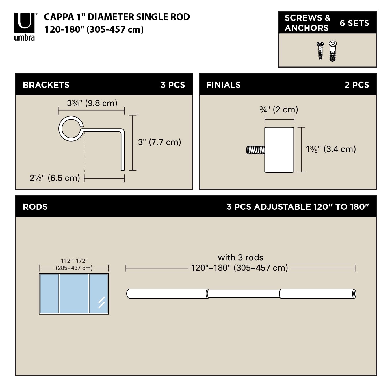 Umbra Cappa Curtain Rod, Includes 2 Matching Finials, Brackets & Hardware, 120 to 180-Inches, Gold