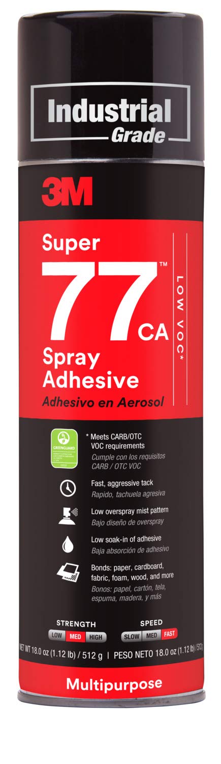 3M Super 77 Multipurpose Permanent Spray Adhesive Glue, Low VOC, Paper, Cardboard, Fabric, Plastic, Metal, Wood, Net Wt 18 oz