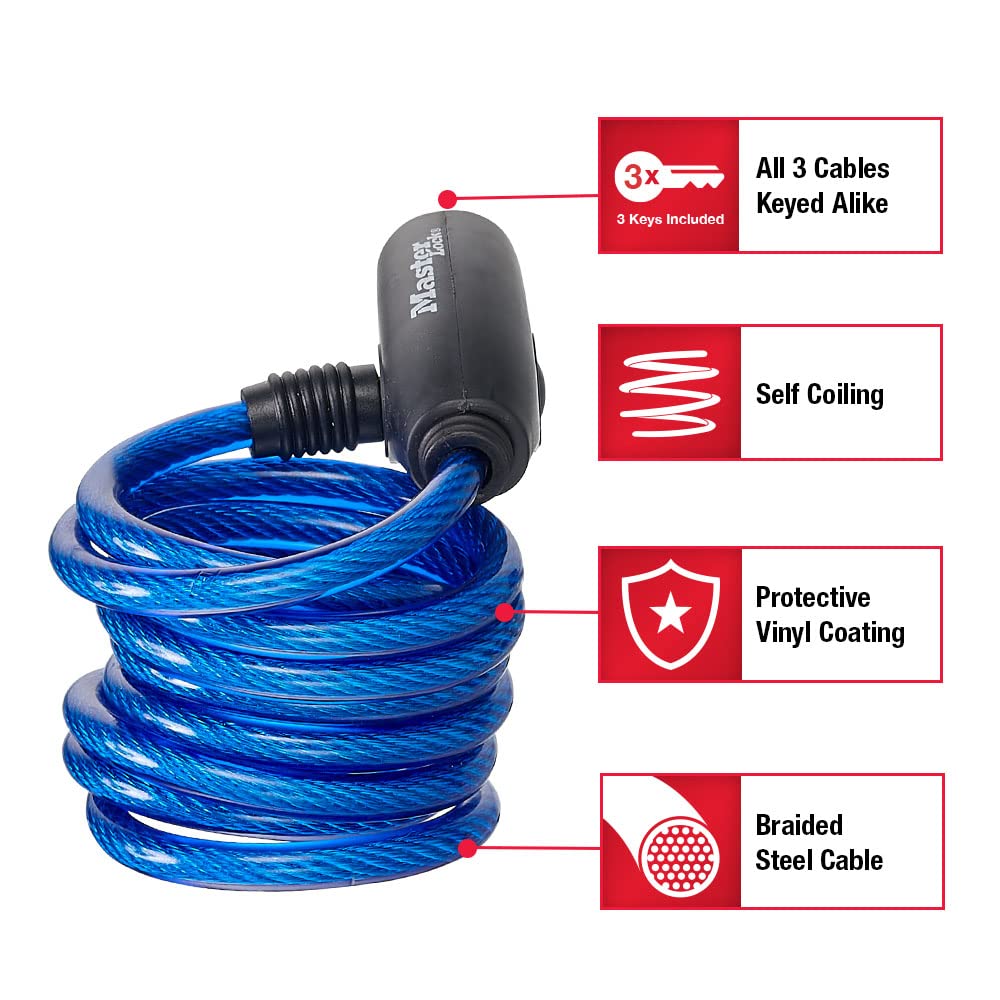 Master Lock Bike Lock Cables with Key, Blue, Green, and Red 3-Pack of Keyed-Alike Bicycle Cable Locks, 6 ft. Long, 8127TRI
