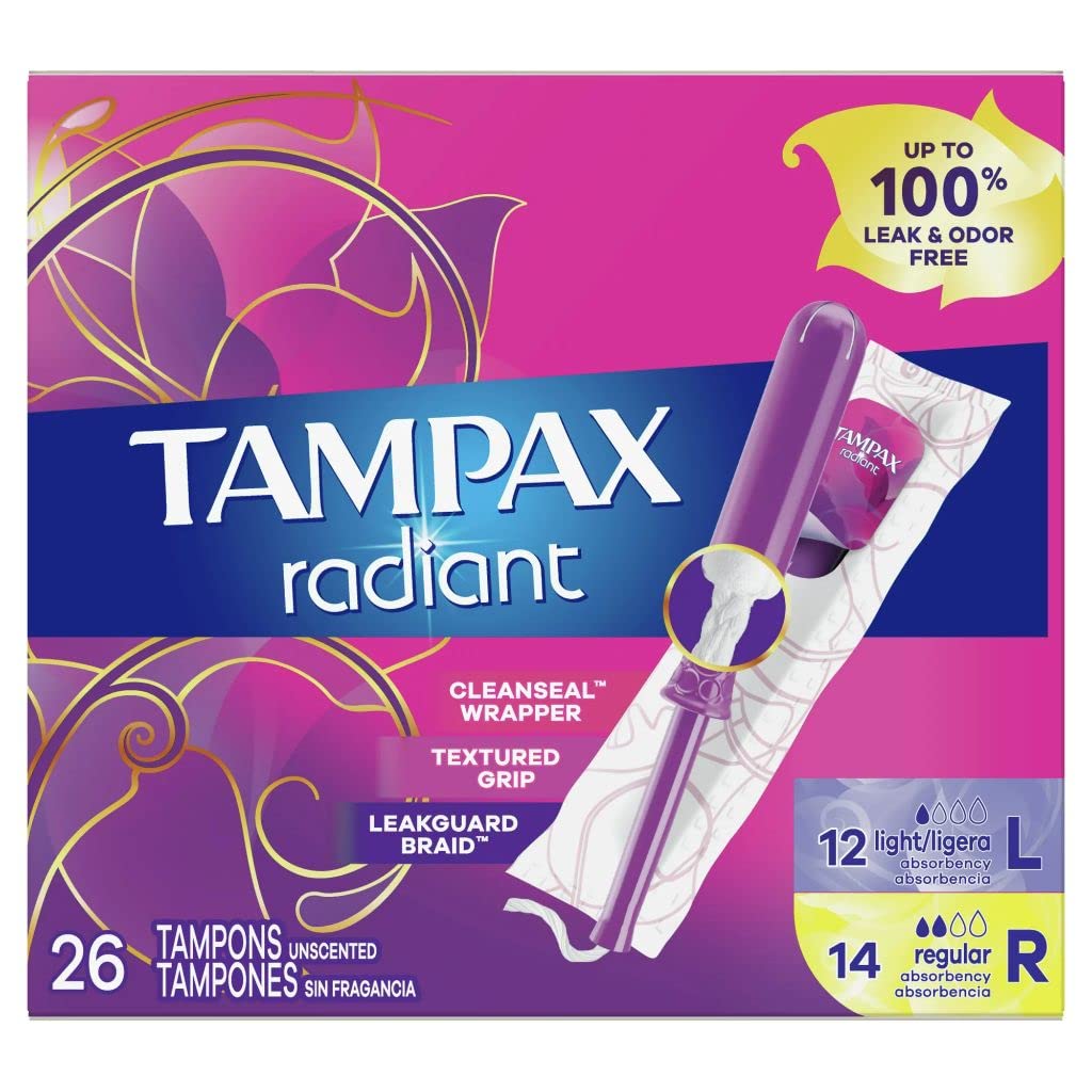 Tampax Radiant Tampons Duo Pack, Light/Regular Absorbency, Unscented, 26 Count (Pack of 4)