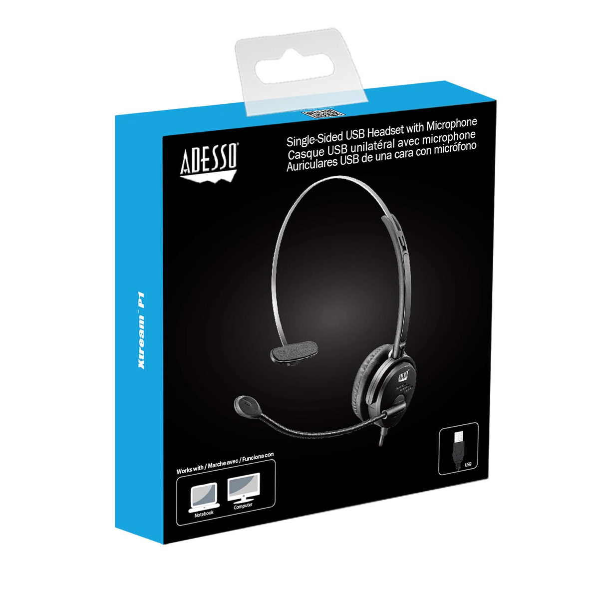 Adesso Xtream P1 Single-Sided USB Wired Headset with Adjustable Noise Canceling Microphone, Black
