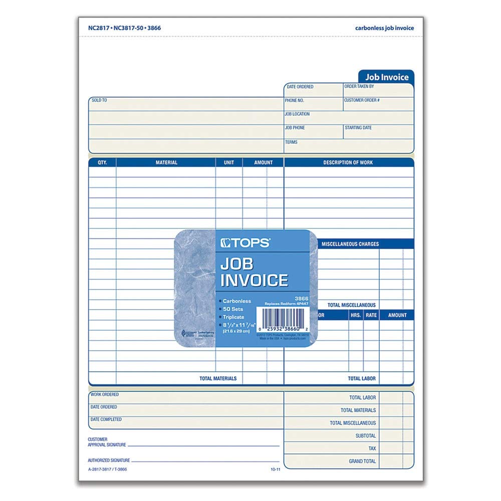 TOPS Job Invoice with Materials List, 3-Part, Carbonless, 8.5 x 11 Inches, 50 Sets per Pack (3866)