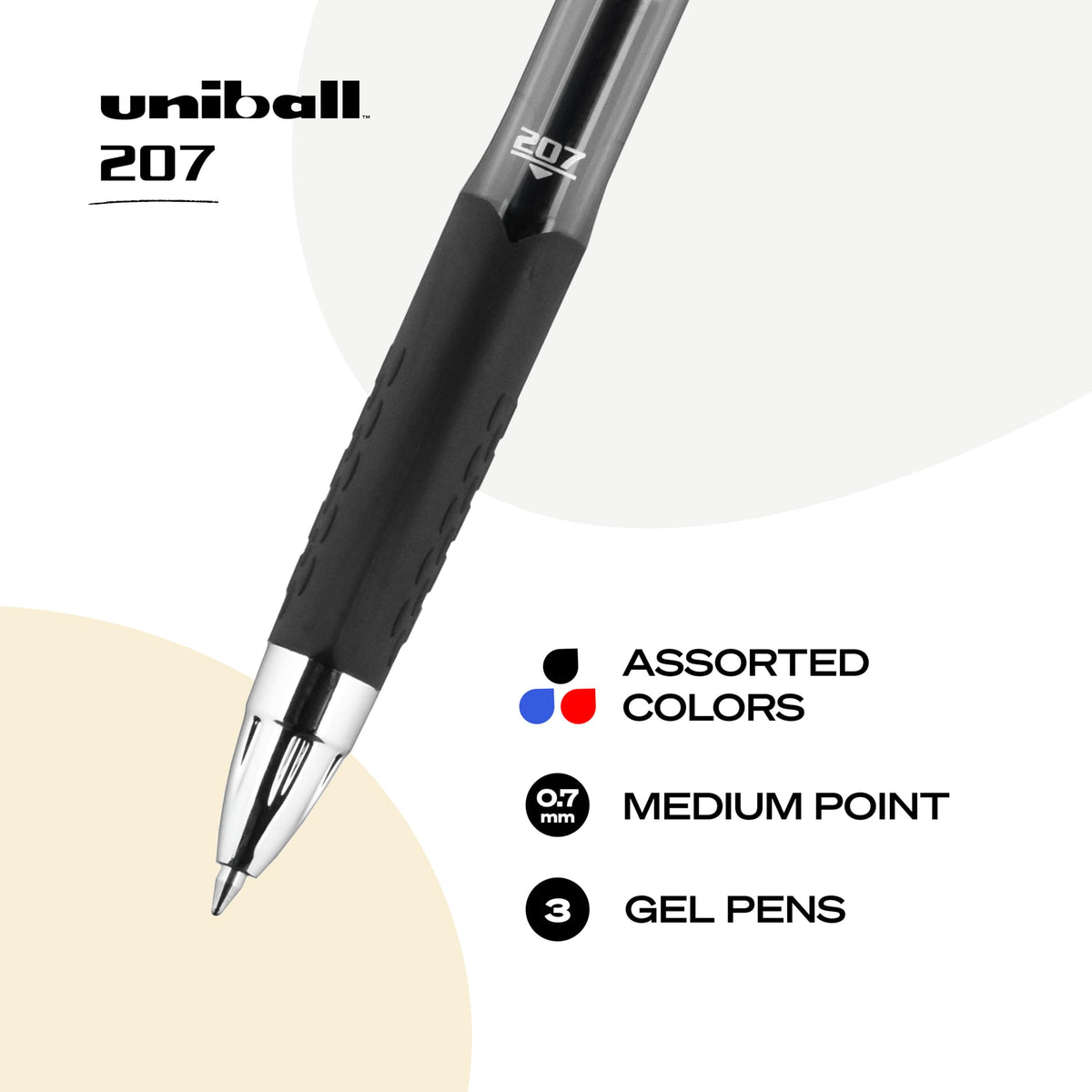 uniball™ 207 Retractable Gel Pens, Medium Point (0.7mm), Assorted, 3 Pack