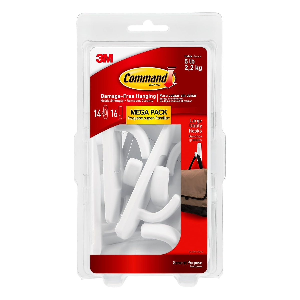 3M Command 17003Mpes General Purpose Plastic Hooks, Large, 5Lb Cap, White, 14 Hooks & 16 Strips/Pack