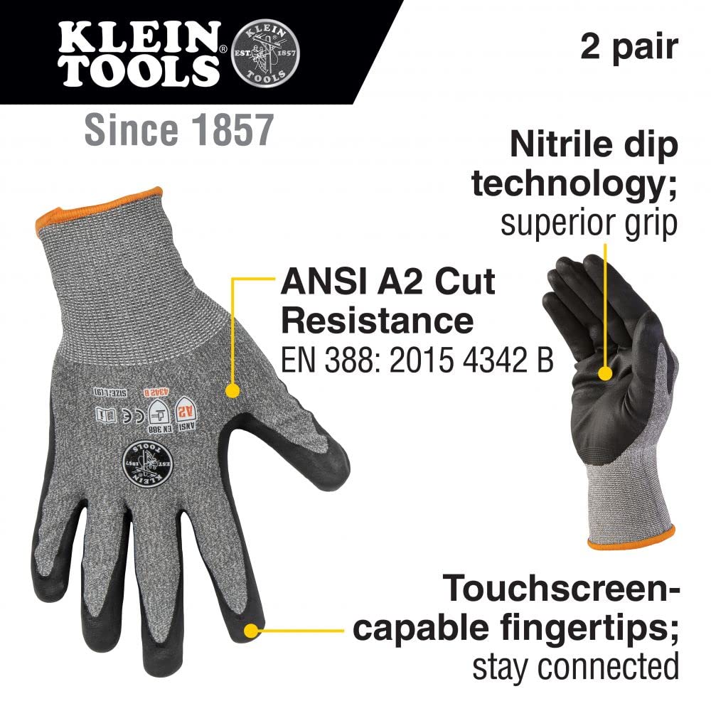 Klein Tools 60185 Work Gloves, Cut-Resistant Gloves ANSI Rated A2, Touchscreen, Large, 2-Pair