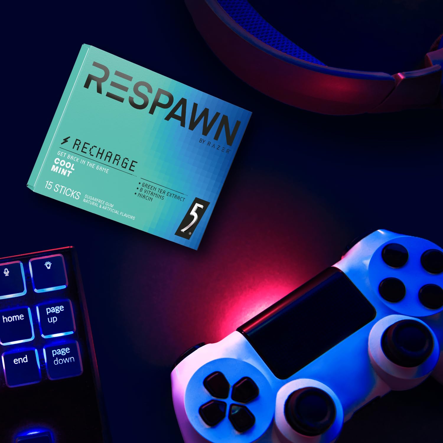 RESPAWN BY RAZER, Energy and Focus Gum, 5 Gum, Sugar-Free, Cool Mint, 10 Pack Bulk Box