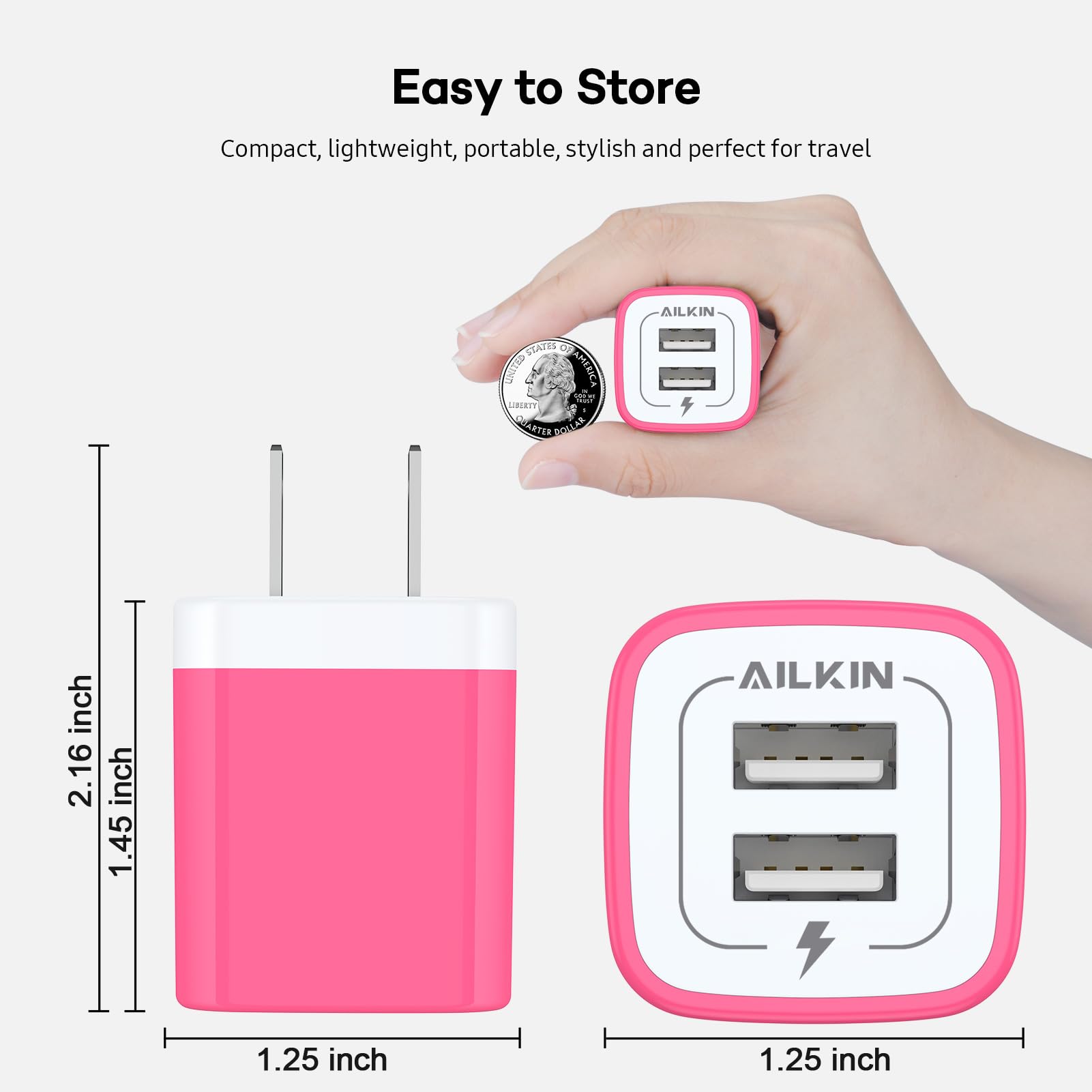 AILKIN 2 Pack Dual USB Wall Chargers, 2.1A, Compatible with iPhone, Samsung, LG, Moto, Kindle, Fast Charging, UL Certified