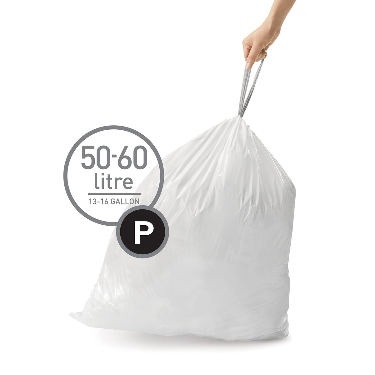 simplehuman Code P Custom Fit Drawstring Trash Bags, 50 -60 L / 13-16 Gallon, 1 Refill Pack (20 Count)