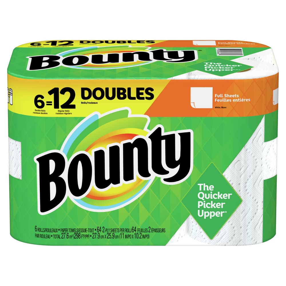 Bounty Full Sheet Paper Towels, White, 6 Double Rolls = 12 Regular Rolls