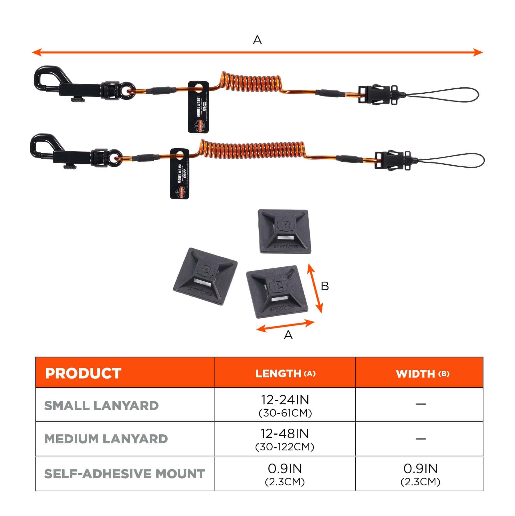 Ergodyne Squids 3151 Coiled Lanyard Tether with Swivel Hook, Detachable End, Self-Adhesive Mounts Included,Orange and Black