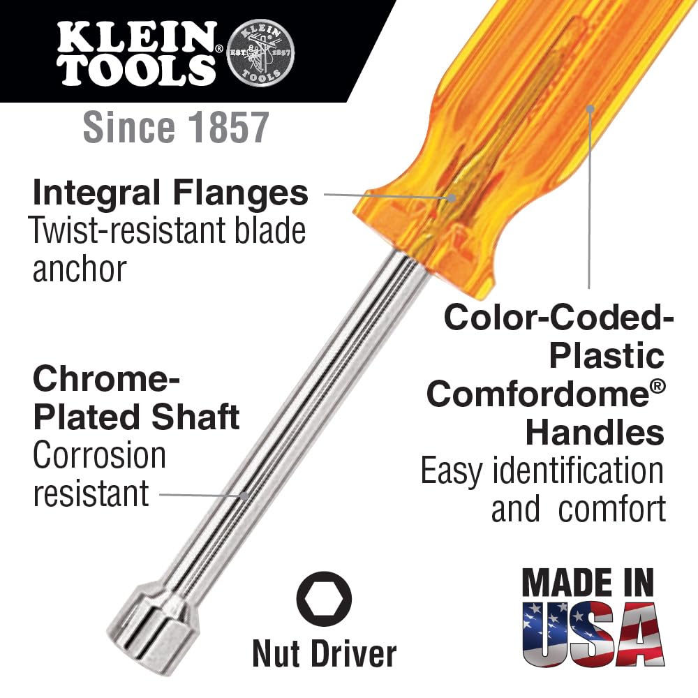 Klein Tools S10 5/16-Inch Nut Driver with 3-Inch Hollow Shaft and Comfordome Handle, Made in USA