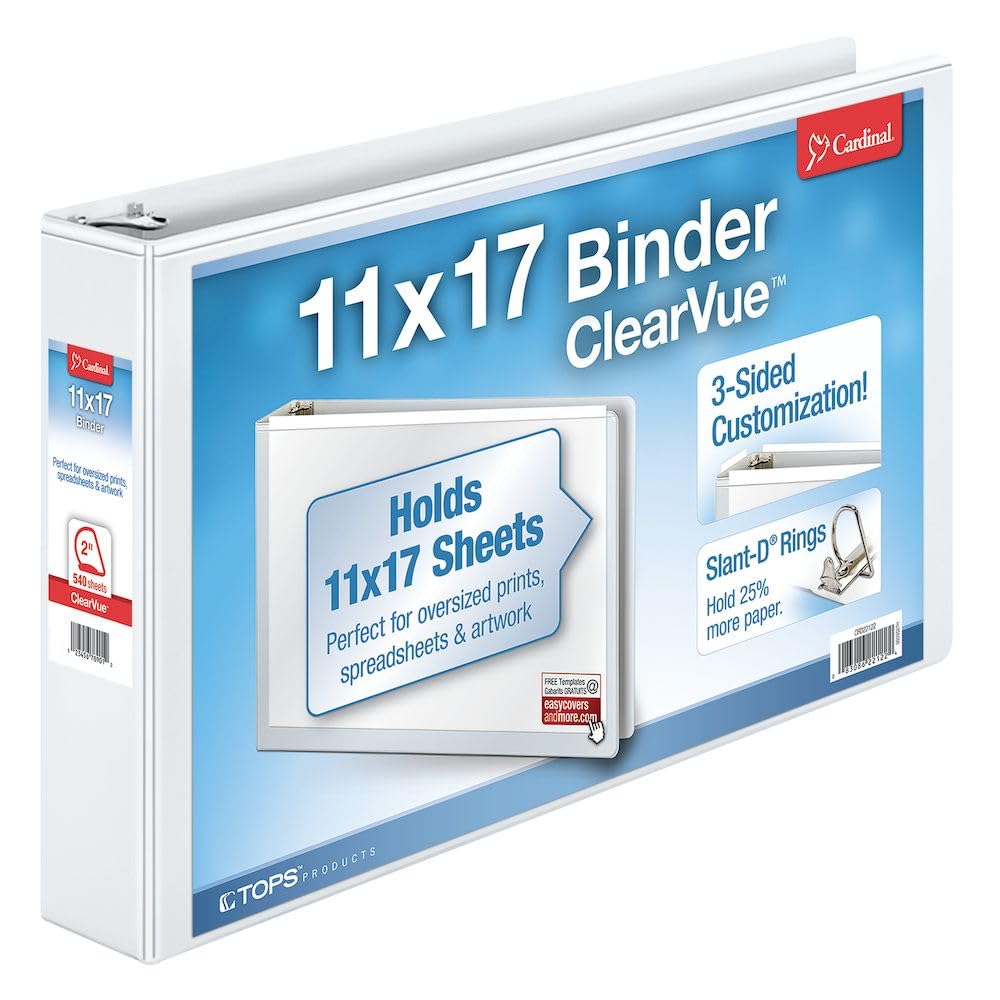 Cardinal 22132 Clearvue D-Ring Binders, 11-Inch x17-Inch, 2-Inch Capacity, White