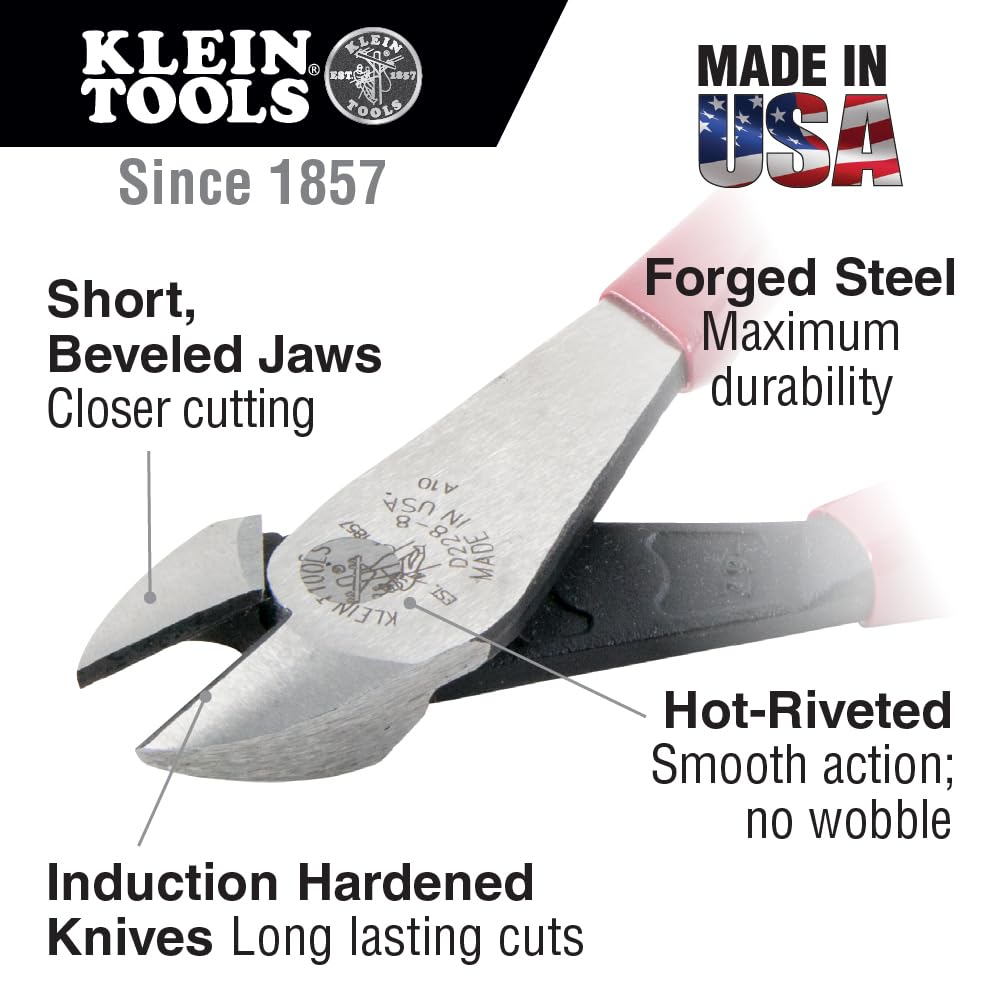 Klein Tools D228-8 Pliers, Made in USA, Diagonal Cutting Pliers with Short Jaw and Beveled Knives, High-Leverage Color-Coded Wire Cutters, 8-Inch