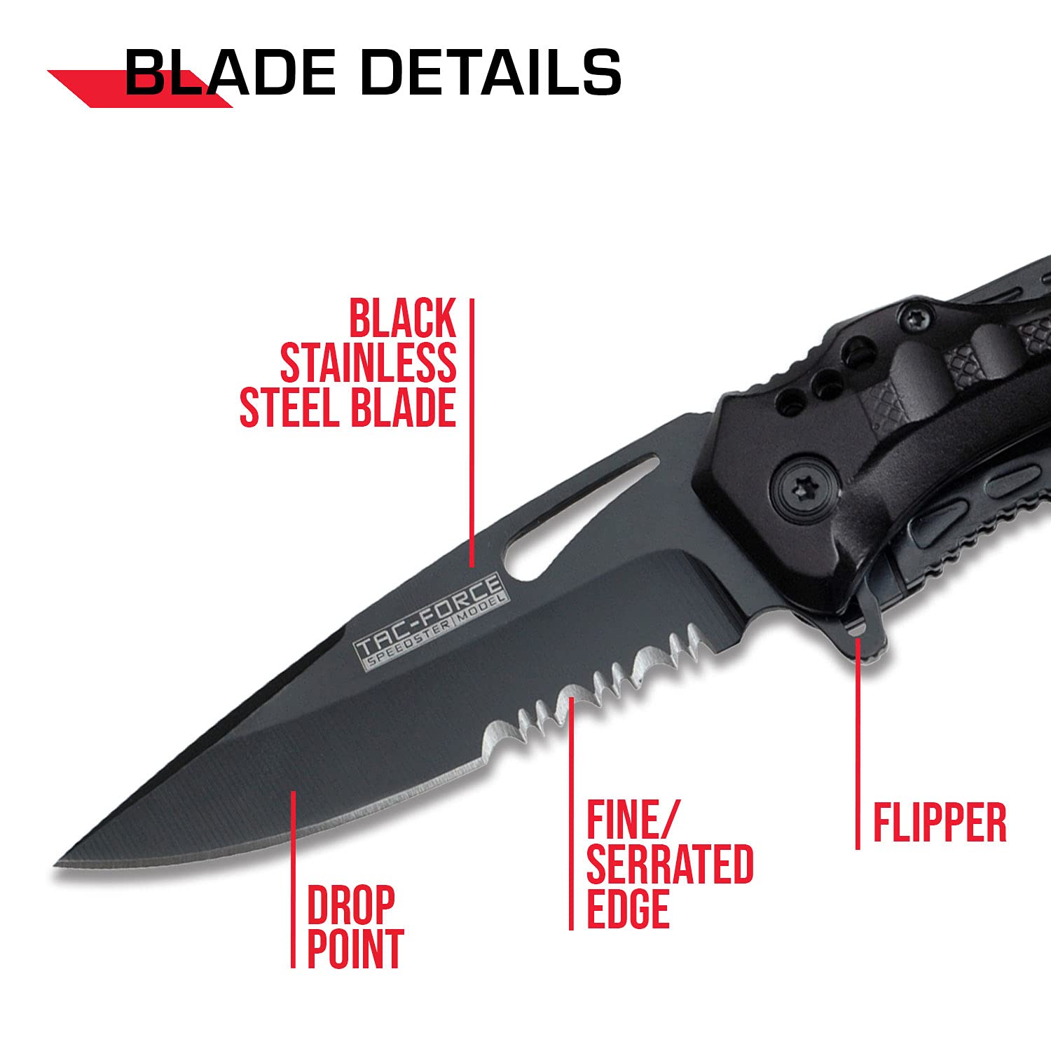 TAC Force- Spring Assisted Folding Pocket Knife â€“ Black Stainless Steel Blade with Black Aluminum Handle, Bottle Opener, Glass Punch and Pocket Clip, Tactical, EDC, Rescue - TF-705 , 3.25 inch blade