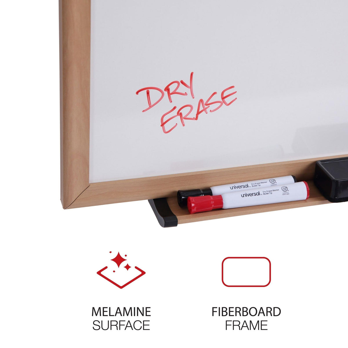 Universal UNV43618 48 in. x 36 in. Deluxe Melamine Dry Erase Board - Melamine White Surface, Oak Fiberboard Frame