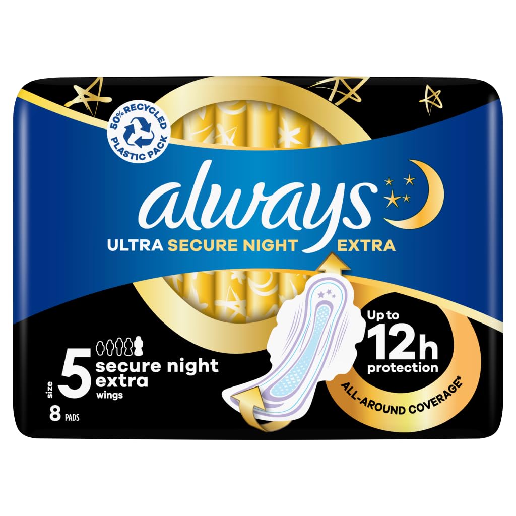 Always Ultra Sanitary Towels Secure Night (Size 4) Wings X8 Pads, Super Absorbent and Ultra Thin, for Menstrual Periods