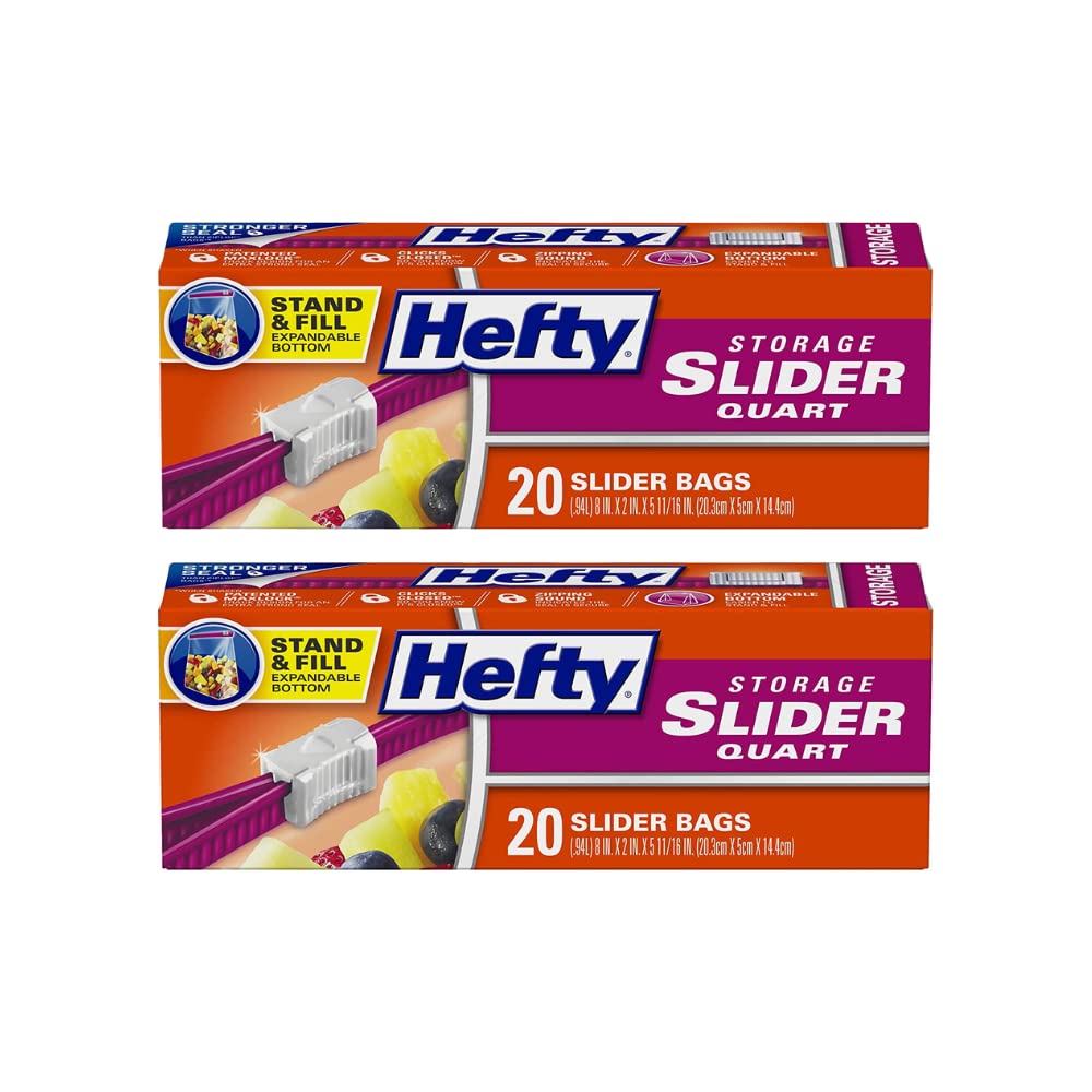 Hefty Quart Slider Storage Bags, 20 Count, BPA Free, Red, Plastic, Slide Closure, Disposable, Refrigerate