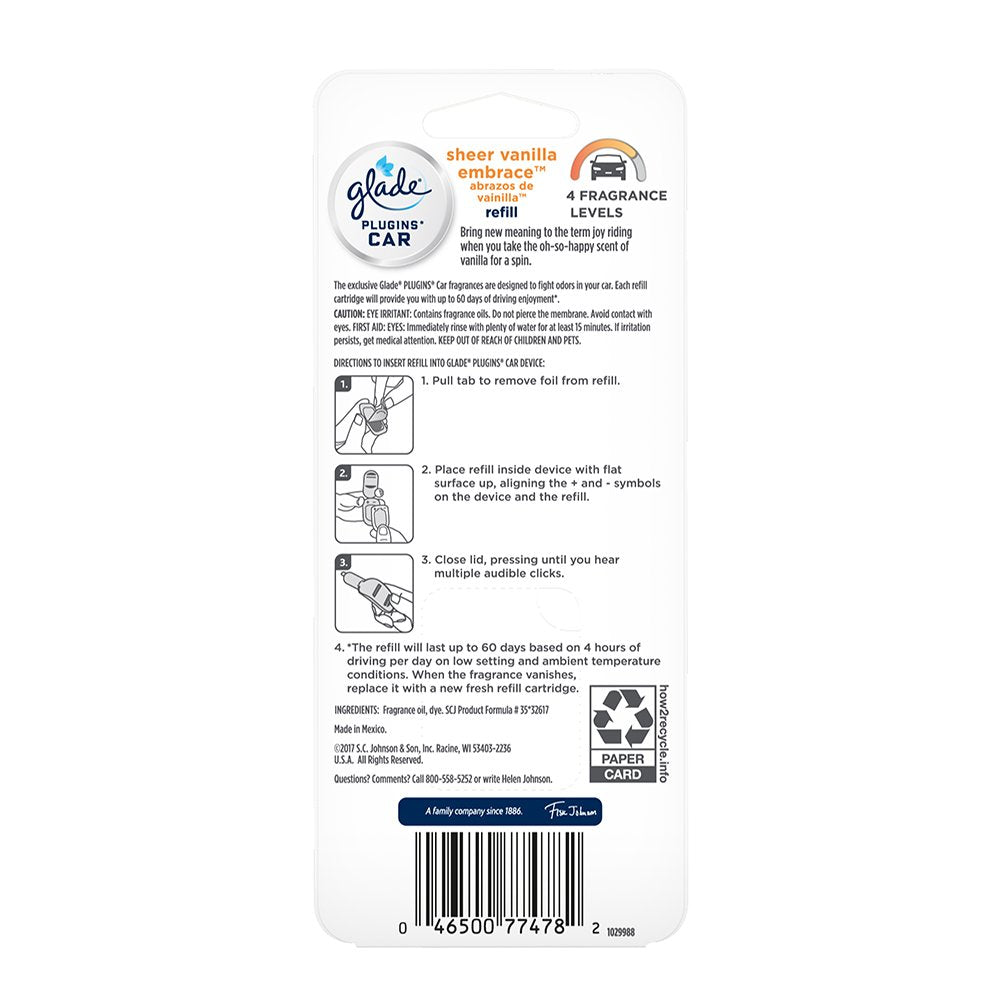 Glade Plugins Car Air Freshener Refill, Sheer Vanilla Embrace, 0.11 Fl. Oz